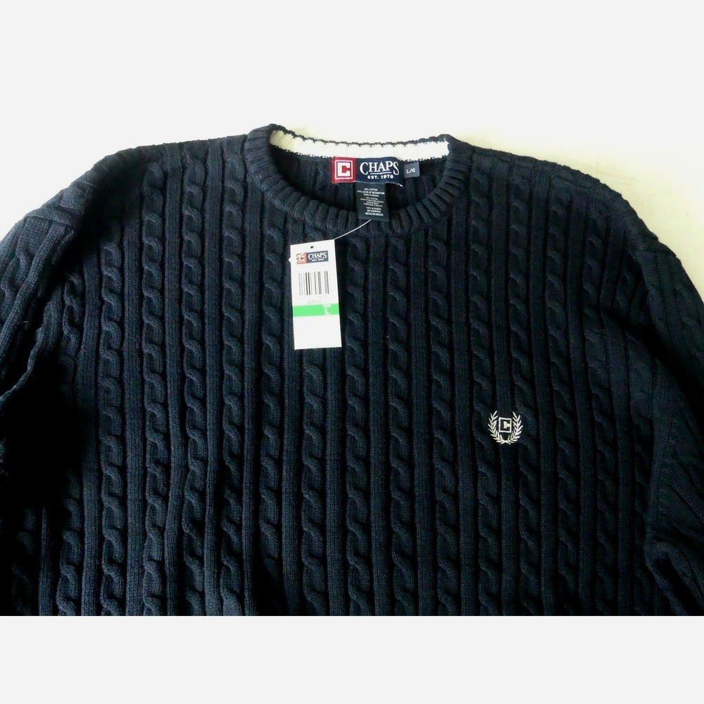 NWT Chaps Navy Cable Knit Crew Neck Sweater Sz L Classic Business Casual Preppy